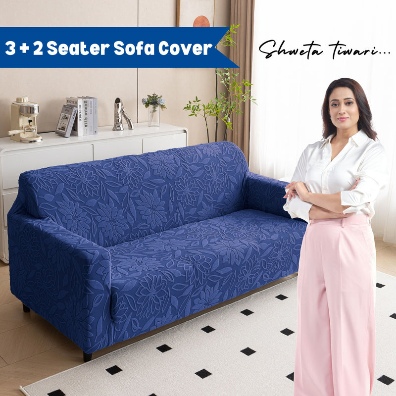 Premium 3+2 Seater Sofa Cover Set - Knitted Jacquard, Floral Textured Elastic Slipcovers (Navy Blue)