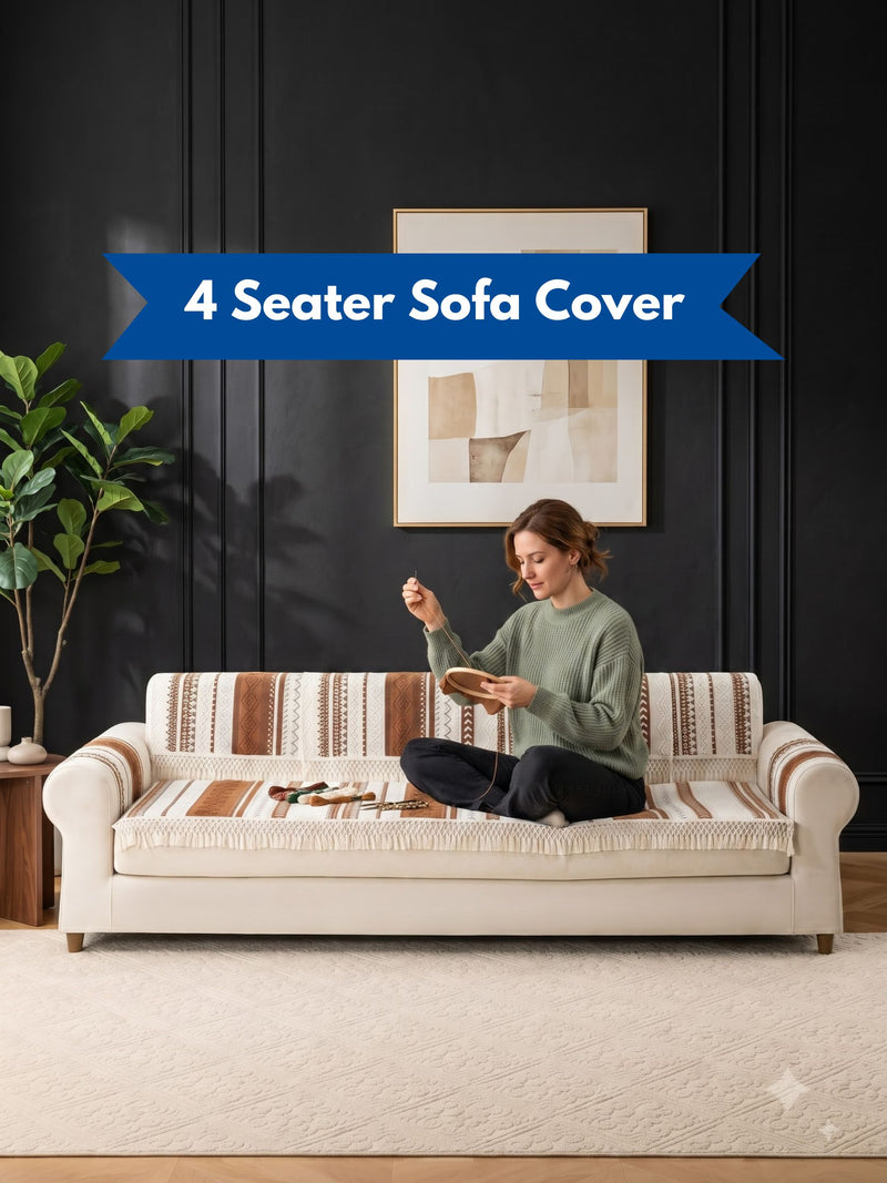 Boho Tassel Sofa Cover – 4 Seater Sofa Protector with Fringe (Cream & Brown) Bohemian Woven Sofa Slipcover | Fringed Couch Cover for 4 Seater Sofa Aztec Pattern Sofa Cover with Tassels – Non-Slip 4 Seater Sofa Protector