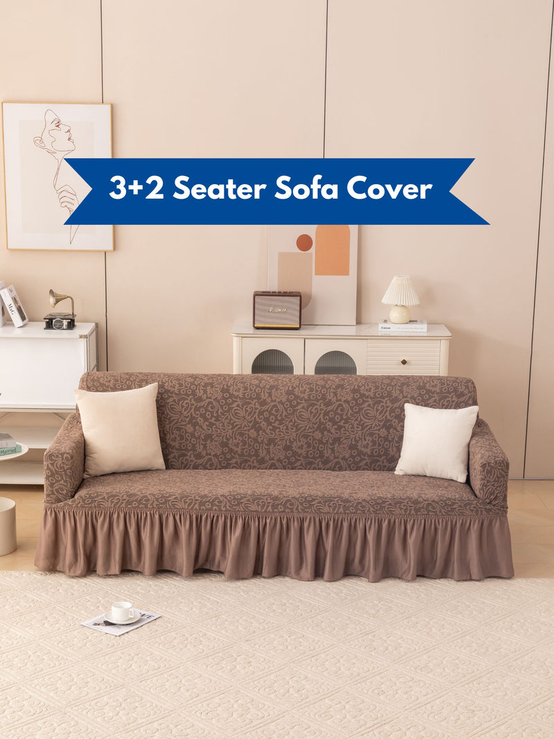 Premium Elasticated 3+2 Seater Sofa Cover Set with Frill – Brown