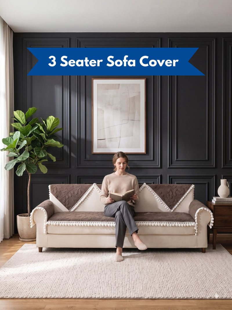 Luxury Floral Jacquard 3-Seater Sofa Cover Mat with Pom-Pom Lace Border – Anti-Slip Couch Runner Protector Set (Brown / Coffee)