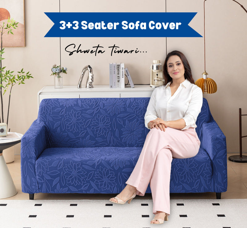 Premium 3+3 Seater Sofa Cover Set - Knitted Jacquard, Floral Textured Elastic Slipcovers (Navy Blue)