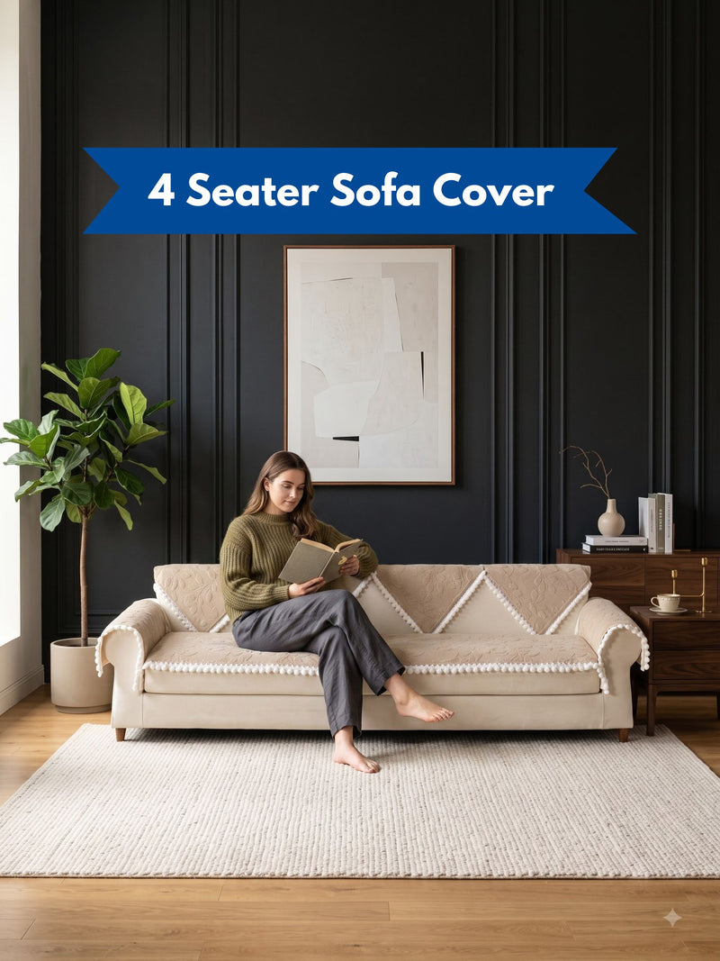 Luxury Floral Jacquard 4-Seater Sofa Cover Mat with Pom-Pom Lace Border – Anti-Slip Extra-Large Couch Runner Protector Set (Beige / Cream)