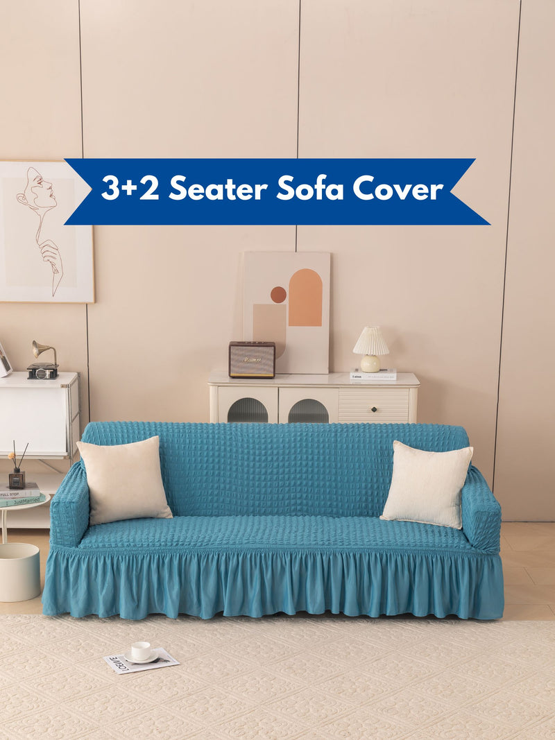 Elegant 5-Seater (3+2) Teal Blue Jacquard Elastic Sofa Slipcover Set with Ruffle Border