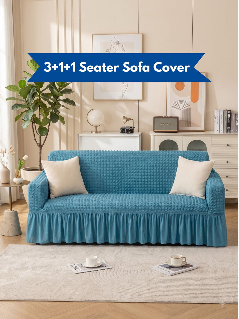 Premium 3+1+1 Seater Elasticated Stretchable Sofa Cover Set with Frill Skirt (Peacock Blue)