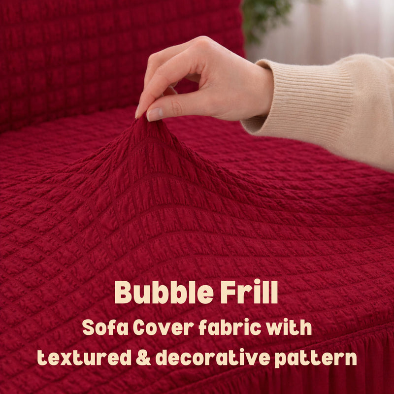 Premium Bubble Frill 4 Seater Sofa Cover - Maroon