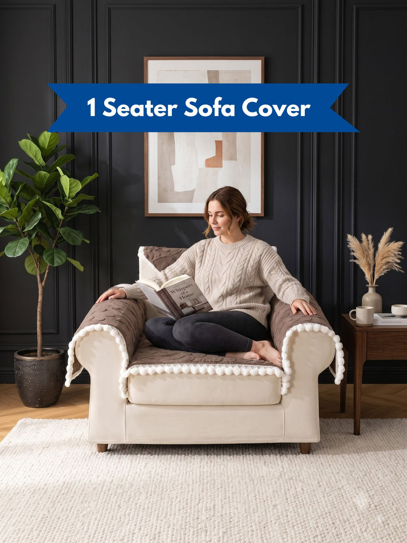Luxury Floral Jacquard 1-Seater Sofa Cover Mat with Pom-Pom Lace Border – Anti-Slip Armchair Runner Protector Set (Brown / Coffee)