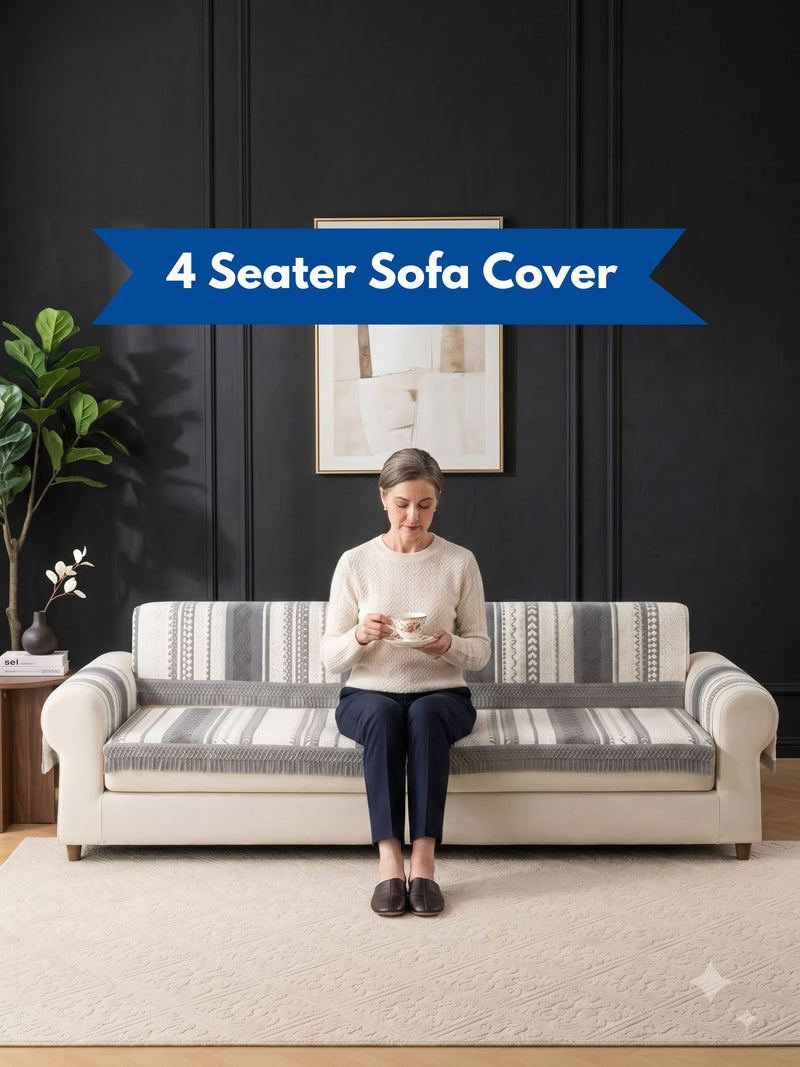 Nordic Boho Sofa Cover – 4 Seater Fringed Couch Throw (Grey Aztec Weave) Handwoven Tassel Sofa Protector | 4 Seater Bohemian Chic Cover – Grey Edition