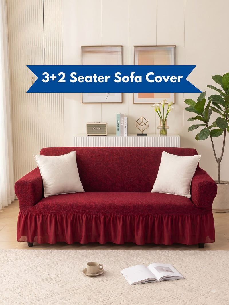 Premium Elasticated 3+2 Seater Sofa Cover Set with Frill – Maroon Red