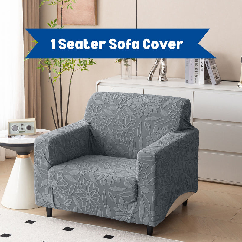 Premium 1 Seater Sofa Cover - Knitted Jacquard, Floral Textured Elastic Slipcover (Grey)