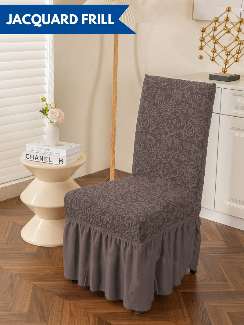 Premium Jacquard Stretch Dining Chair Covers with Ruffle Frill Skirt – Pack of 4 (Grey / Dark Grey)