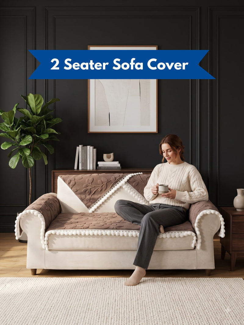 Luxury Floral Jacquard 2-Seater Sofa Cover Mat with Pom-Pom Lace Border – Anti-Slip Loveseat Runner Protector Set (Brown / Coffee)