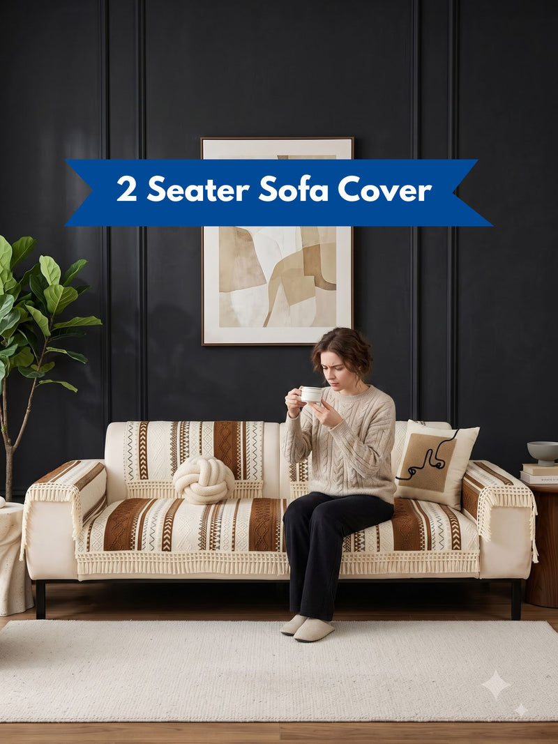 Boho Tassel Sofa Cover – 2 Seater Sofa Protector with Fringe (Cream & Brown) Bohemian Woven Sofa Slipcover | Fringed Couch Cover for 2 Seater Sofa Aztec Pattern Sofa Cover with Tassels – Non-Slip 2 Seater Sofa Protector