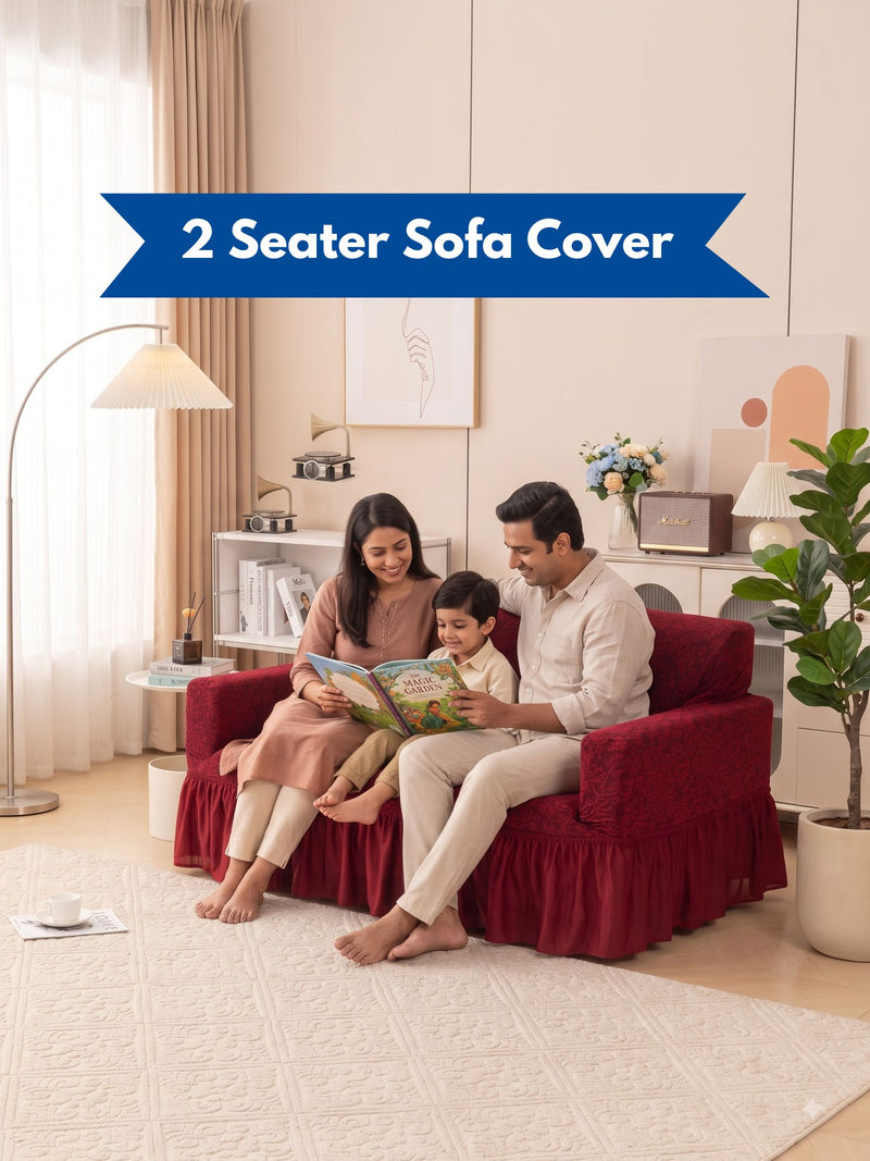 Premium Jacquard Elastic Stretch 2-Seater Sofa Cover with Ruffle Frill Skirt – Fitted Couch Slipcover (Maroon / Red)
