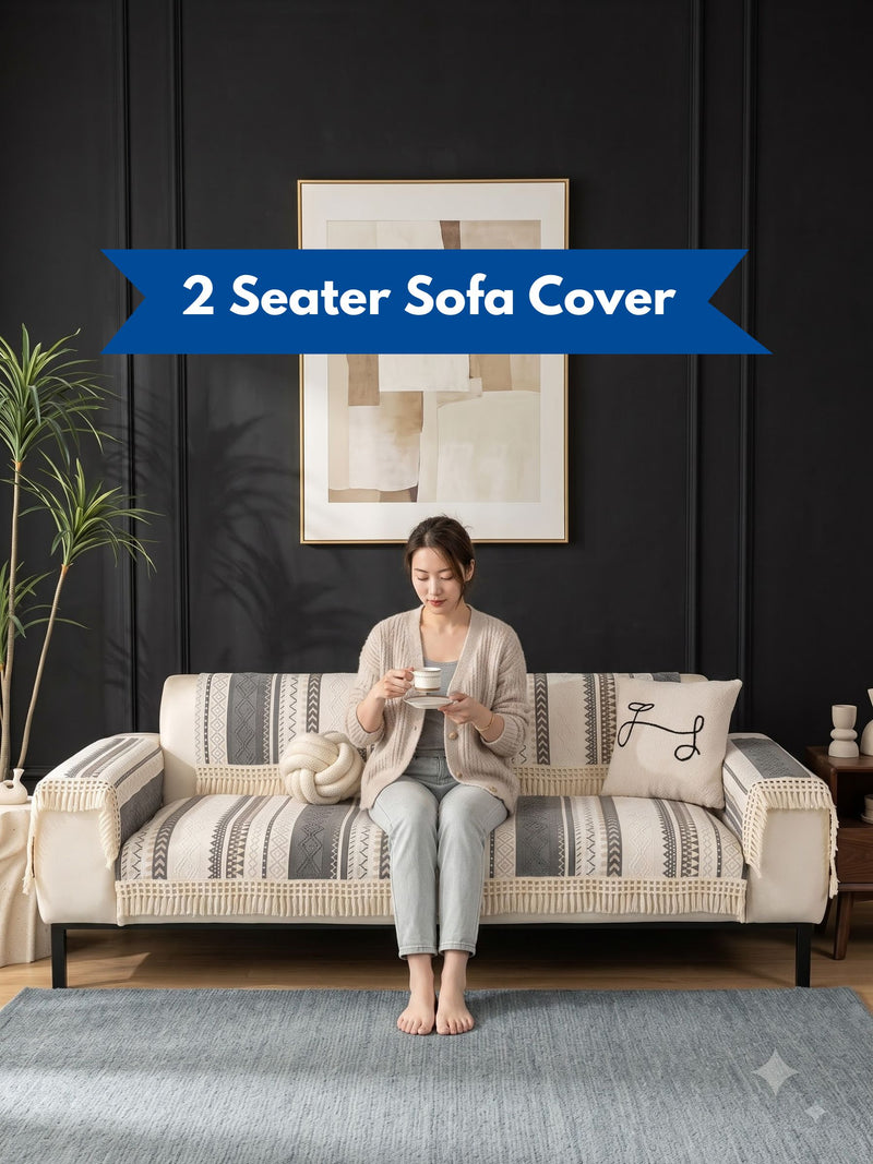 Nordic Boho Sofa Cover – 2 Seater Fringed Couch Throw (Grey Aztec Weave) Handwoven Tassel Sofa Protector | 2 Seater Bohemian Chic Cover – Grey Edition