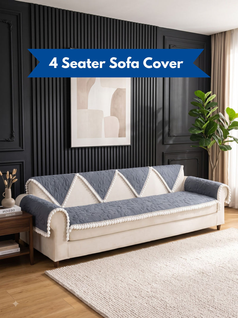 Premium Velvet 4-Seater Sofa Cover with White Pom-Pom Lace Trim & Geometric Triangle Backrest Slipcover