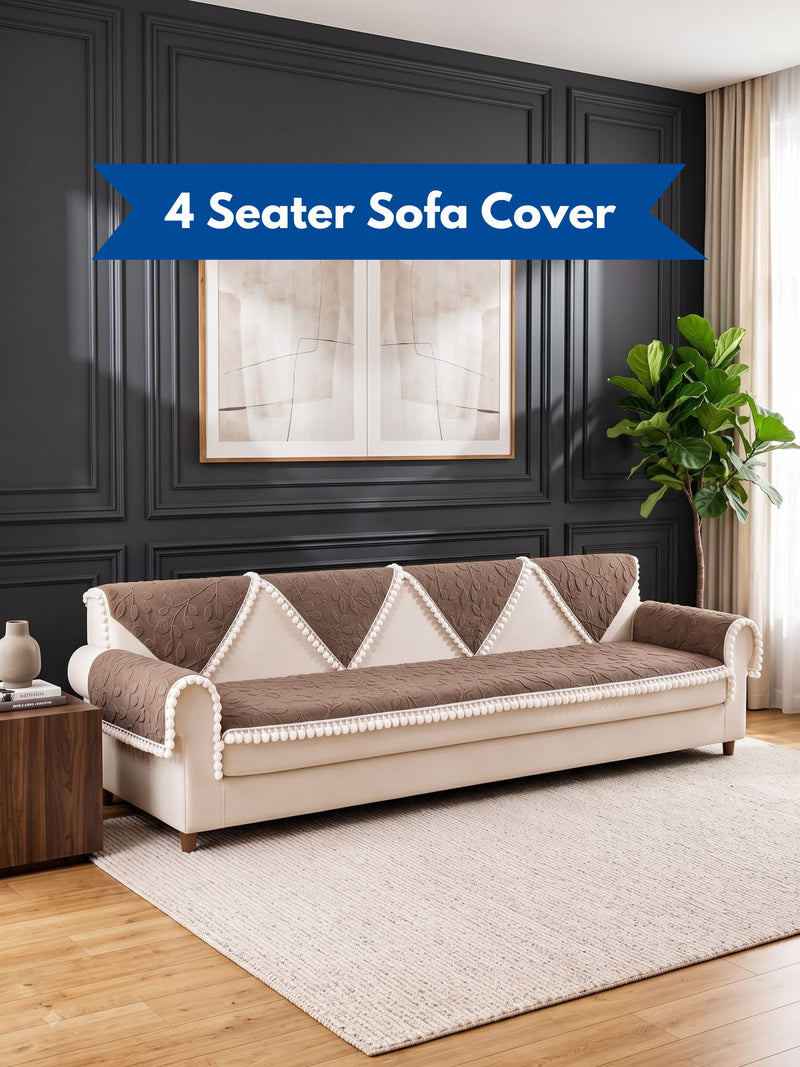 Luxury Floral Jacquard 4-Seater Sofa Cover Mat with Pom-Pom Lace Border – Anti-Slip Extra-Large Couch Runner Protector Set (Brown / Coffee)