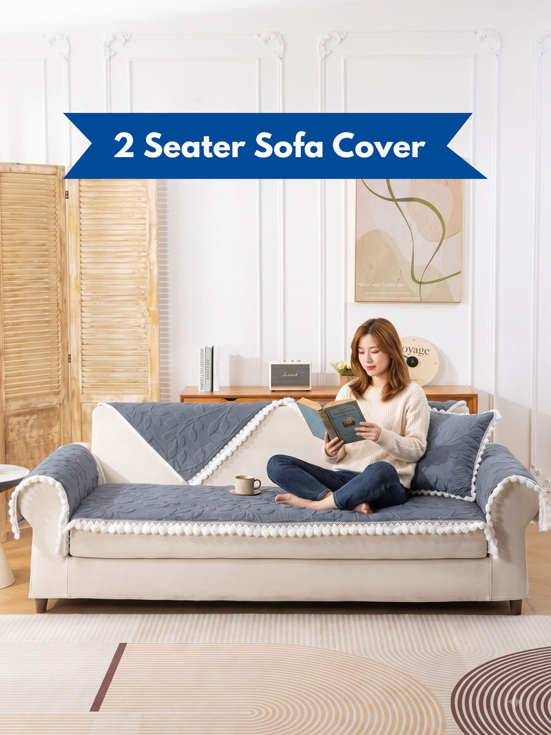 Luxury Floral Jacquard 2-Seater Sofa Cover Mat with Pom-Pom Lace Border – Anti-Slip Loveseat Runner Protector Set (Steel Blue / Grey-Blue)
