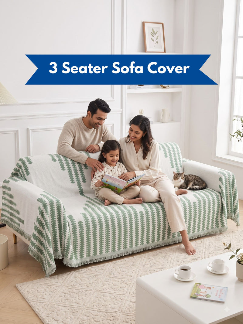 Modern Sage Green Leaf Printed 3-Seater Sofa Cover with Fringe Details | Couch Slipcover Protector