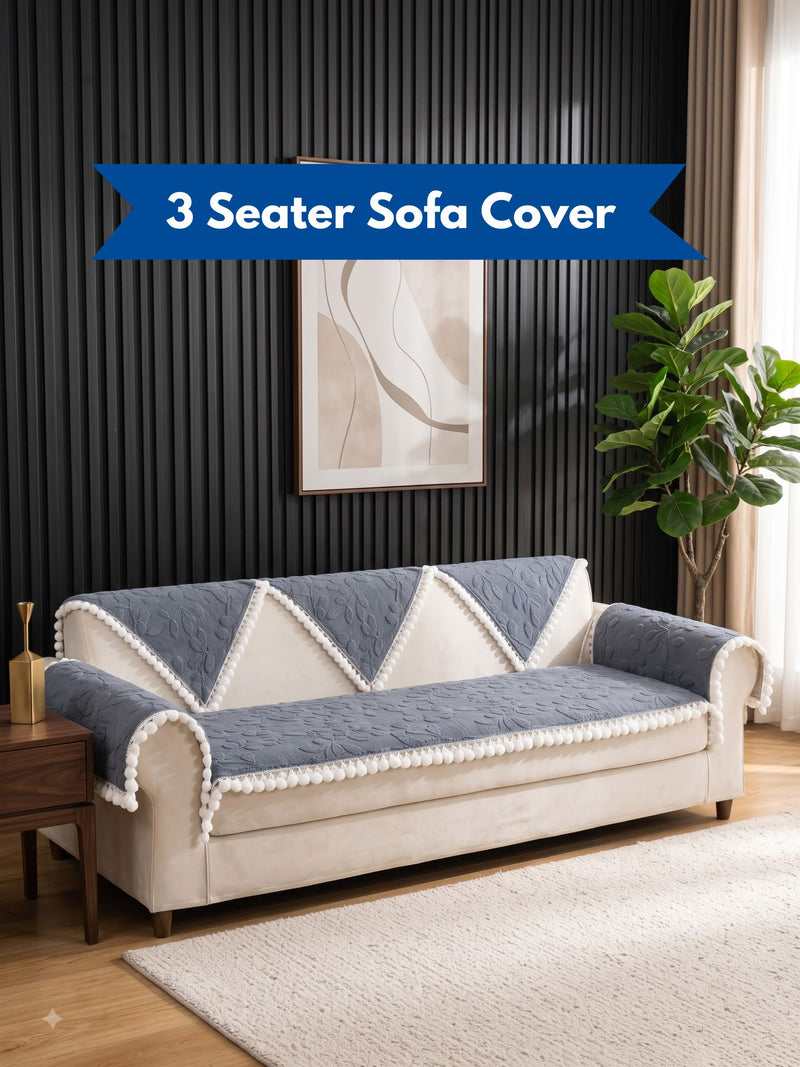 Luxury Velvet Textured 3-Seater Sofa Slipcover | Anti-Slip Couch Protector with Lace Borders