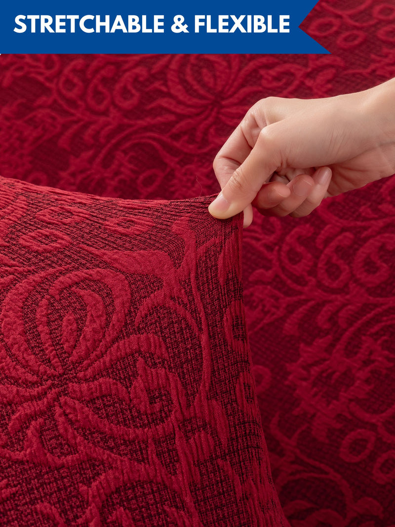 Premium Jacquard Elastic Stretch 2-Seater Sofa Cover with Ruffle Frill Skirt – Fitted Couch Slipcover (Maroon / Red)