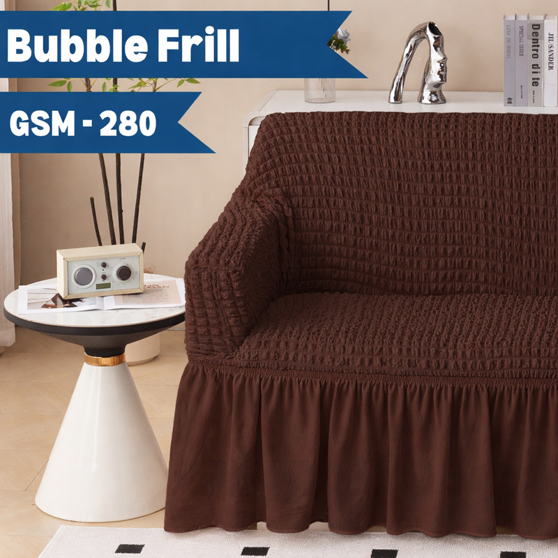 Premium Bubble Frill 2-Seater Sofa Cover - Brown