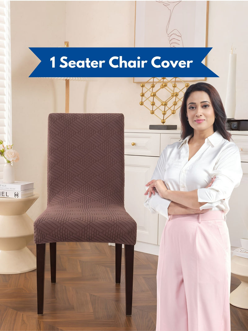 Elastic Stretch Dining Chair Cover with Geometric Jacquard Texture – Pack of 1 (Brown / Coffee)