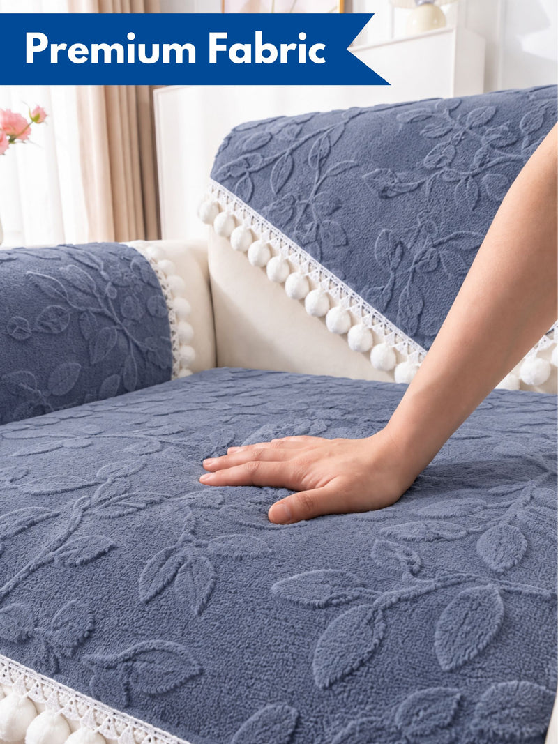 Premium Velvet 4-Seater Sofa Cover with White Pom-Pom Lace Trim & Geometric Triangle Backrest Slipcover