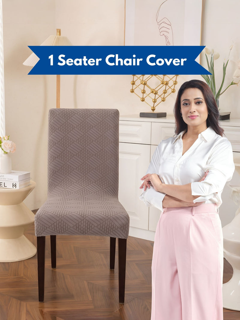 Elastic Stretch Dining Chair Cover with Geometric Jacquard Texture – Pack of 1 (Grey / Light Grey)