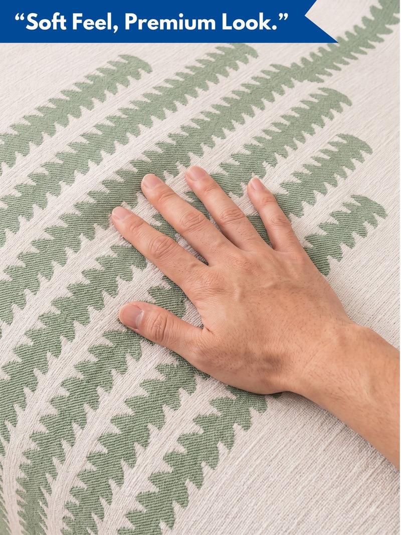 Modern Sage Green Leaf Printed 2-Seater Sofa Runner Cover with Fringe Details | Loveseat Protector Mat