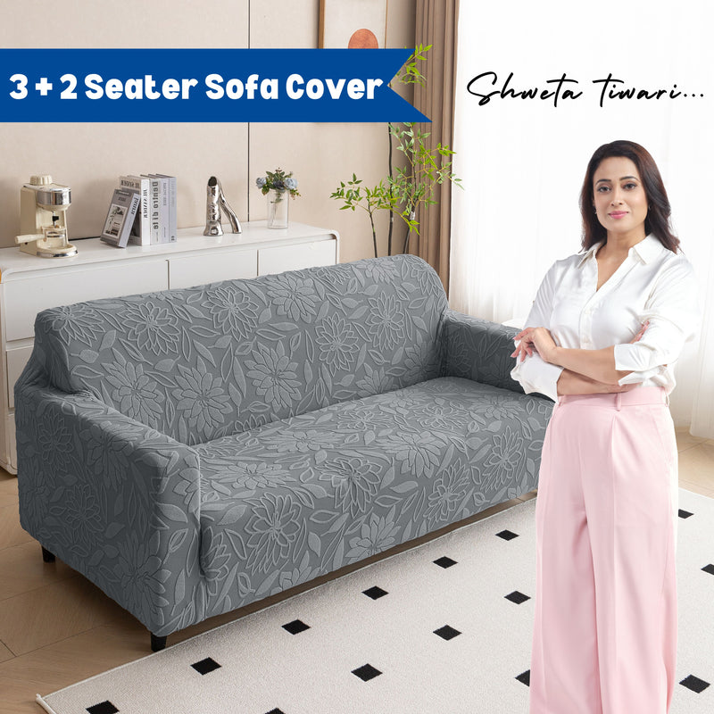 Premium 3+2 Seater Sofa Cover Set - Knitted Jacquard, Floral Textured Elastic Slipcovers (Grey)