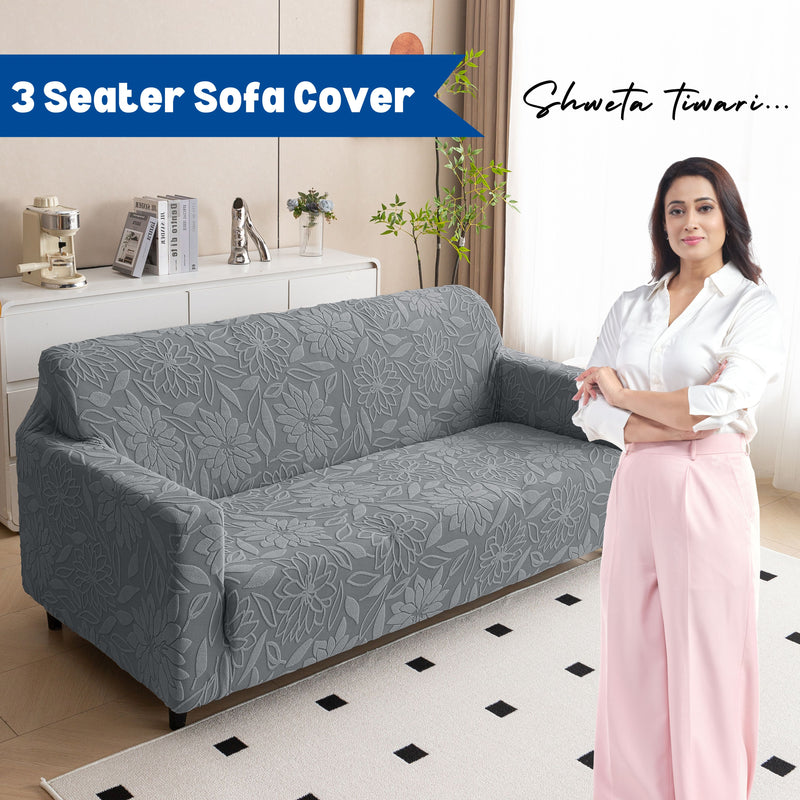 Premium 3 Seater Sofa Cover - Knitted Jacquard, Floral Textured Elastic Slipcover (Grey)