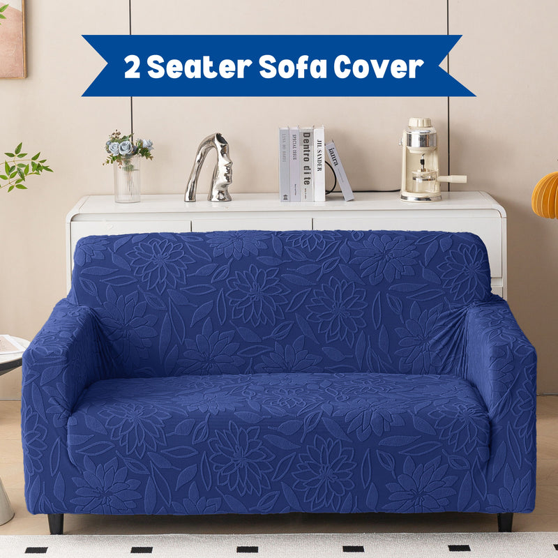 Premium 2 Seater Sofa Cover - Knitted Jacquard, Floral Textured Elastic Slipcover (Navy Blue)