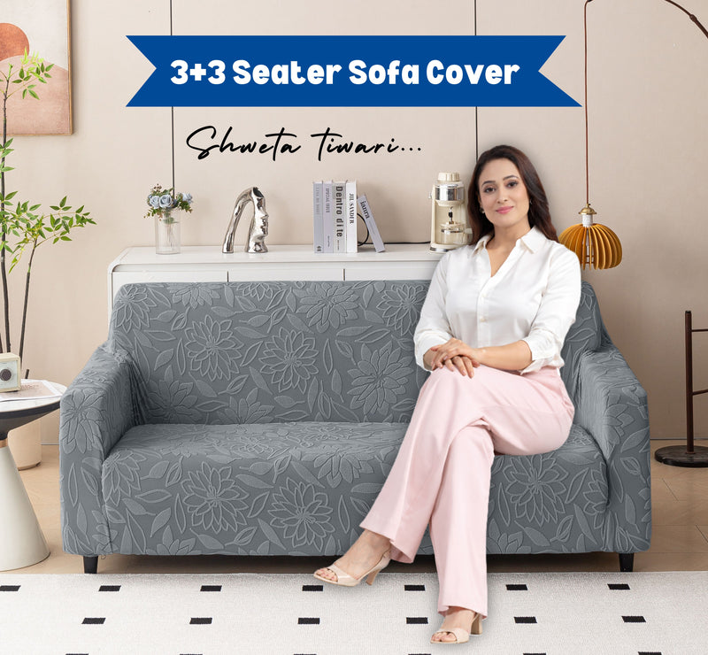 Premium 3+3 Seater Sofa Cover Set - Knitted Jacquard, Floral Textured Elastic Slipcovers (Grey)