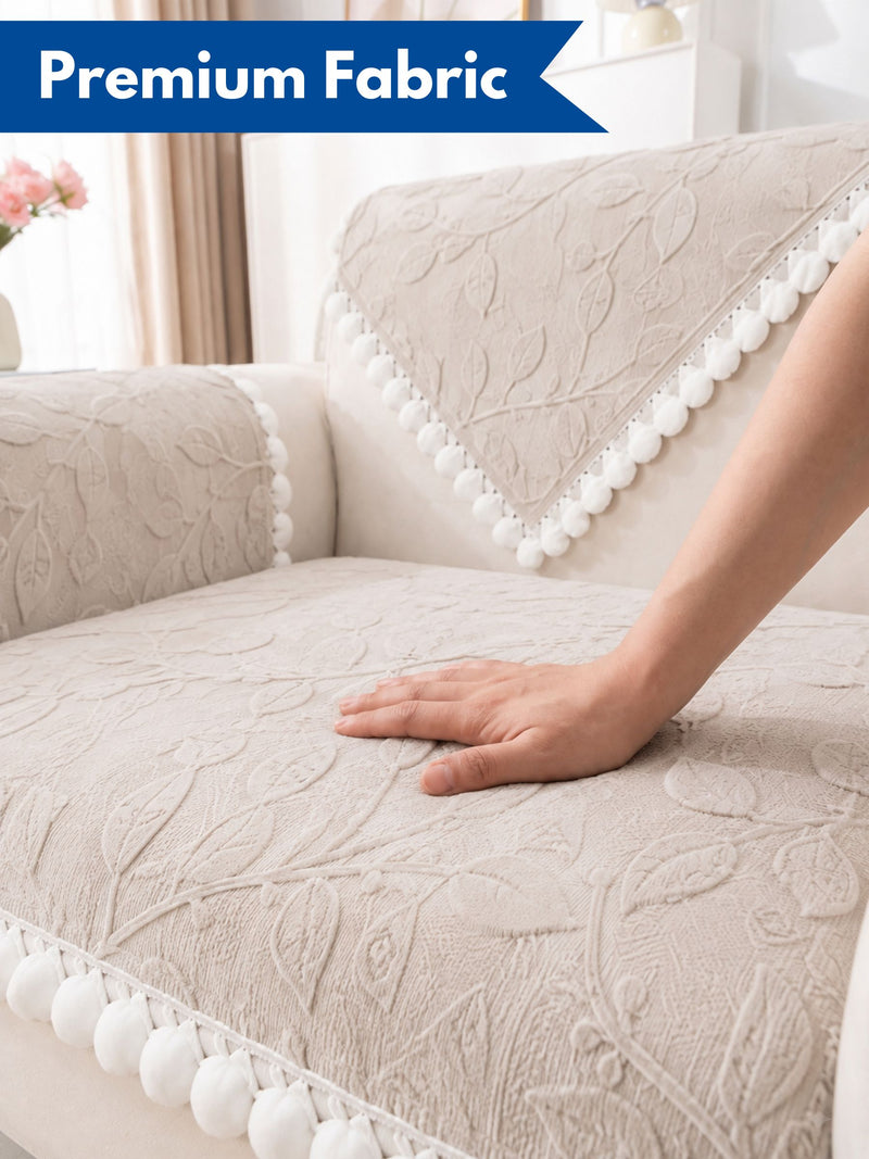Luxury Floral Jacquard 3-Seater Sofa Cover Mat with Pom-Pom Lace Border – Anti-Slip Couch Runner Protector Set (Beige / Cream)