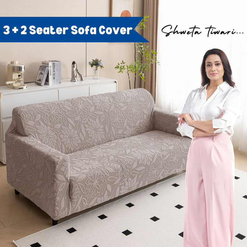 Premium 3+2 Seater Sofa Cover Set - Knitted Jacquard, Floral Textured Elastic Slipcovers (Brown)