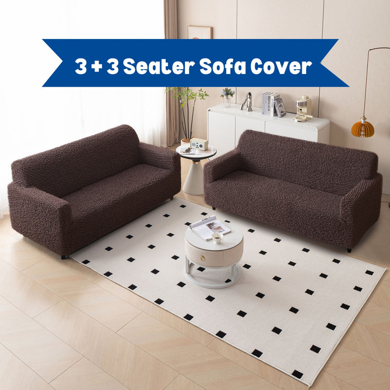 Premium 3+3 Seater Sofa Cover Set - Microfiber Stretchable Italian Textured Slipcovers (Brown)