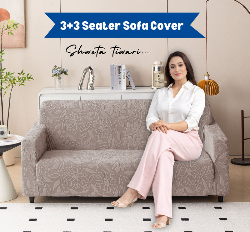Premium 3+3 Seater Sofa Cover Set - Knitted Jacquard, Floral Textured Elastic Slipcovers (Brown)