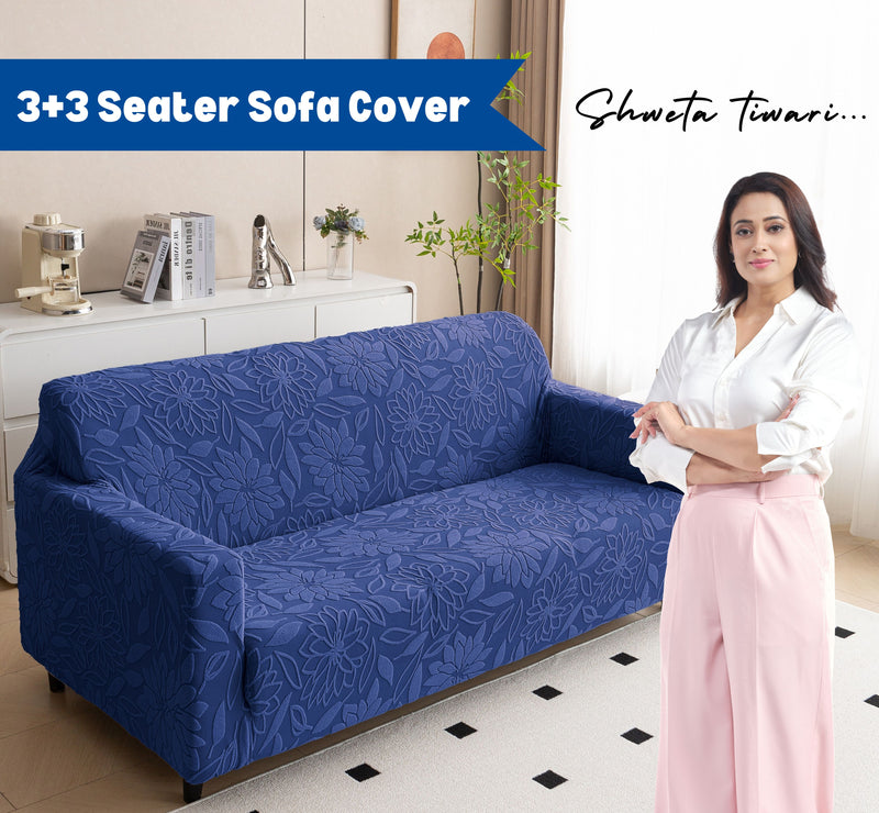 Premium 3+3 Seater Sofa Cover Set - Knitted Jacquard, Floral Textured Elastic Slipcovers (Navy Blue)