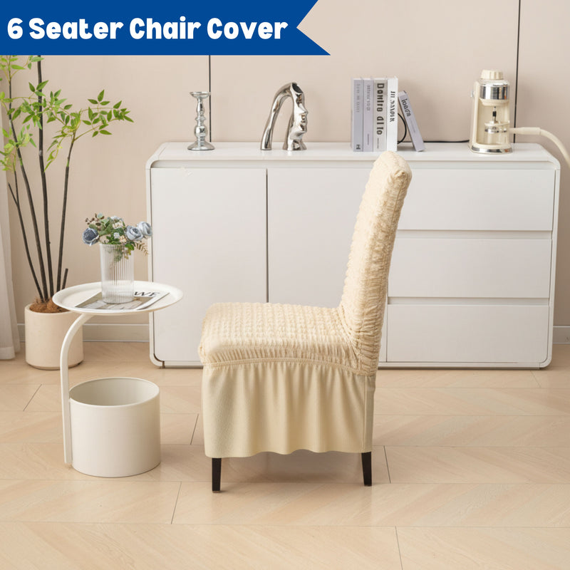Premium 6 Seater Chair Cover Set with Frill - 280 GSM Bubble Textured Elastic Slipcovers (Beige)