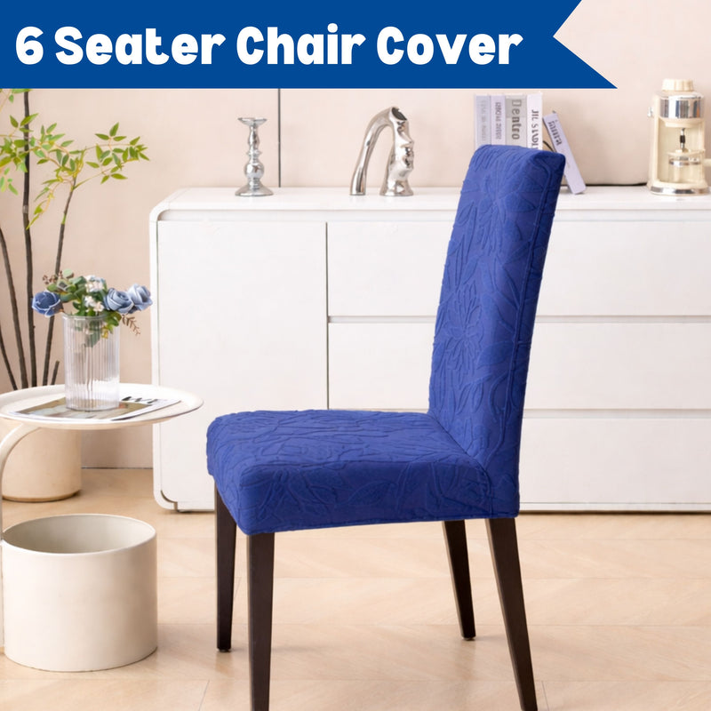 Premium 6 Seater Chair Cover Set - 220 GSM Knitted Jacquard, Floral Textured Elastic Slipcovers (Navy Blue)