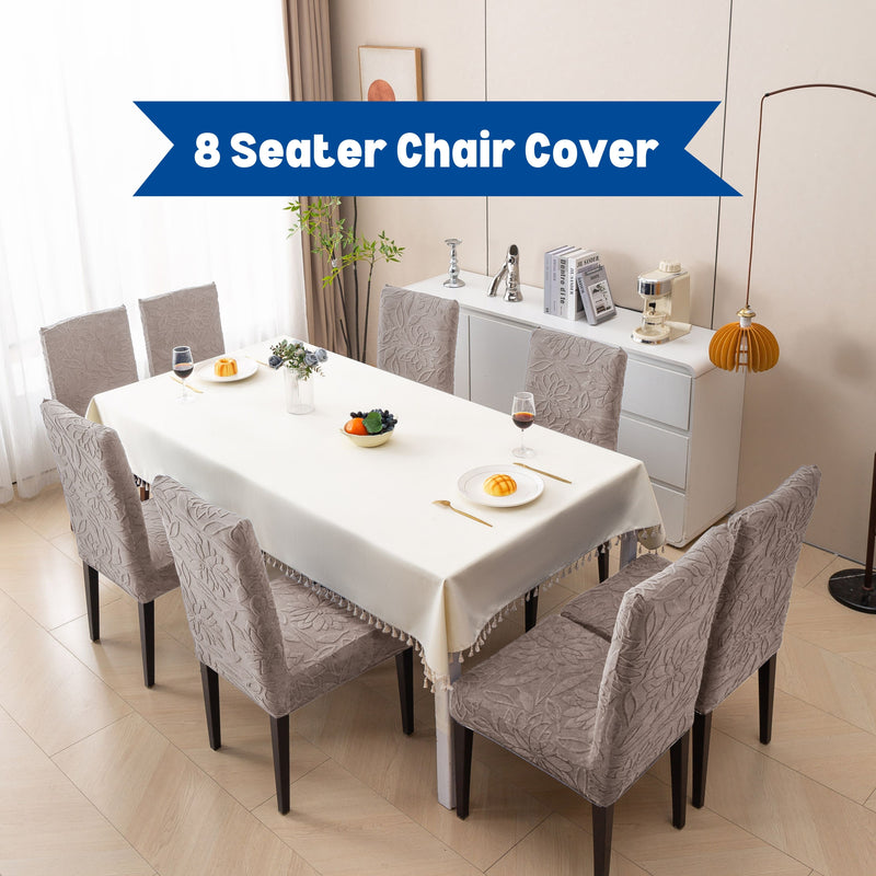 Premium 8 Seater Chair Cover Set - 220 GSM Knitted Jacquard, Floral Textured Elastic Slipcovers (Brown)