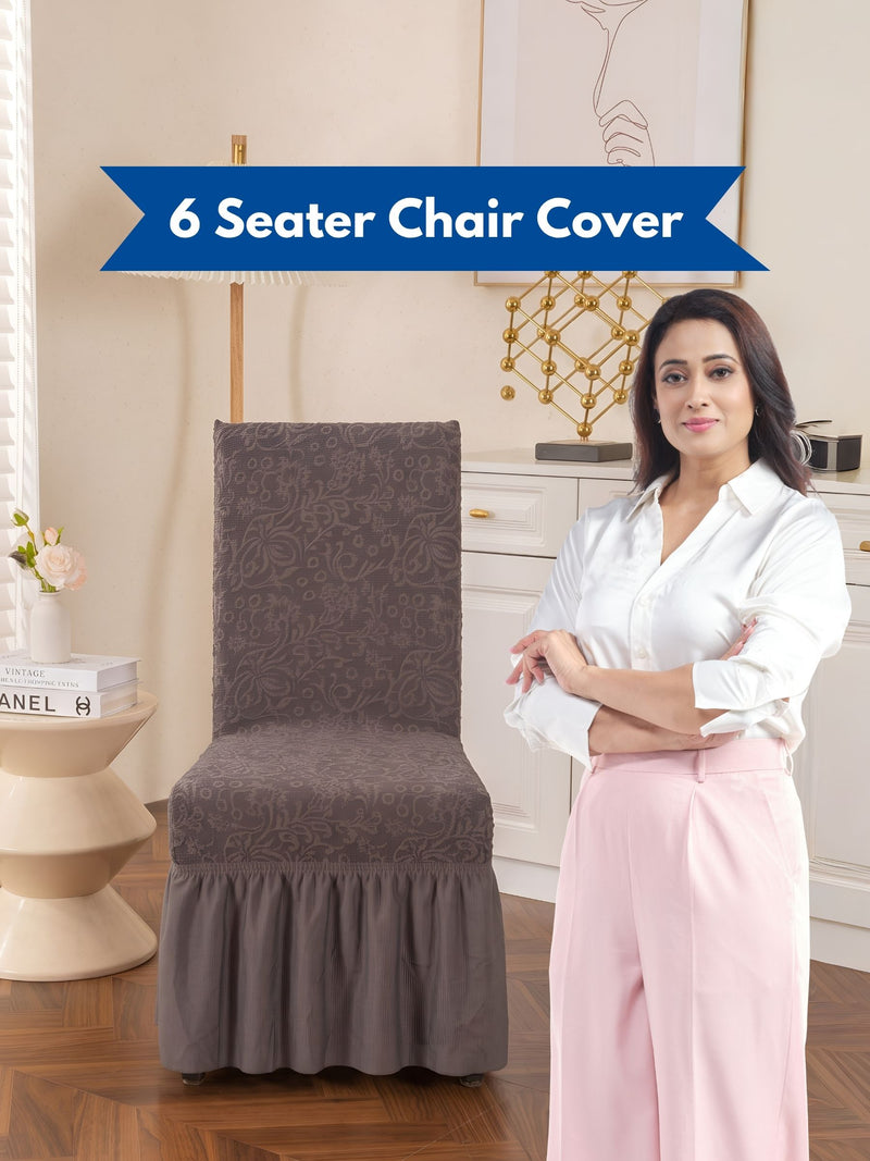 Premium Jacquard Stretch Dining Chair Covers with Ruffle Frill Skirt – Pack of 6 (Grey / Dark Grey)