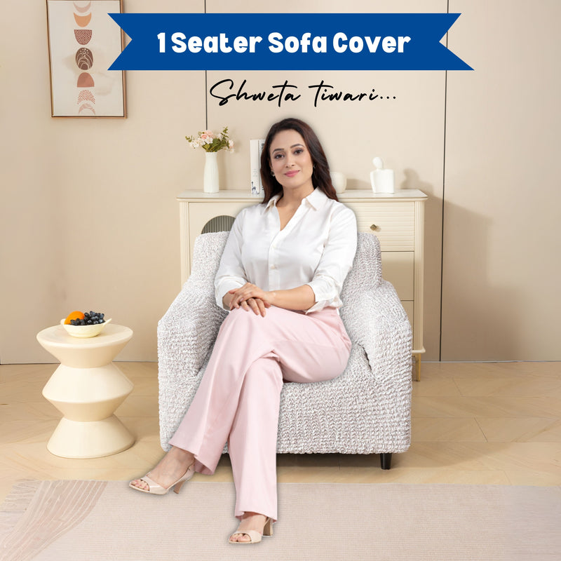 Premium 1 Seater Sofa Cover - Microfiber Stretchable Italian Textured Armchair Slipcover (Cream)