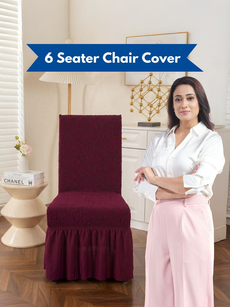 Premium Jacquard Stretch Dining Chair Covers with Ruffle Frill Skirt – Pack of 6 (Maroon / Wine Red)