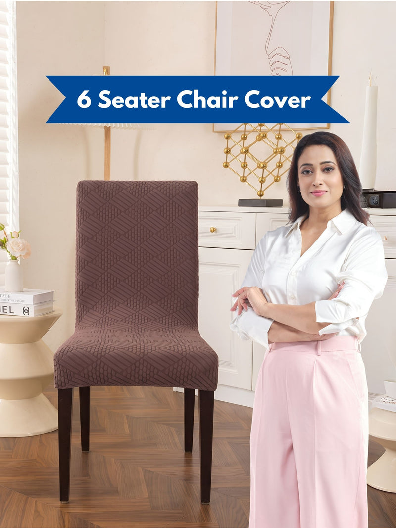 Elastic Stretch Dining Chair Covers with Geometric Jacquard Texture – Pack of 6 (Brown / Coffee)