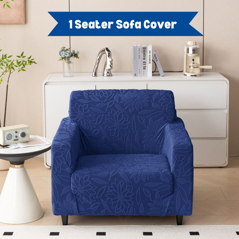 Premium 1 Seater Sofa Cover - Knitted Jacquard, Floral Textured Elastic Slipcover (Navy Blue)