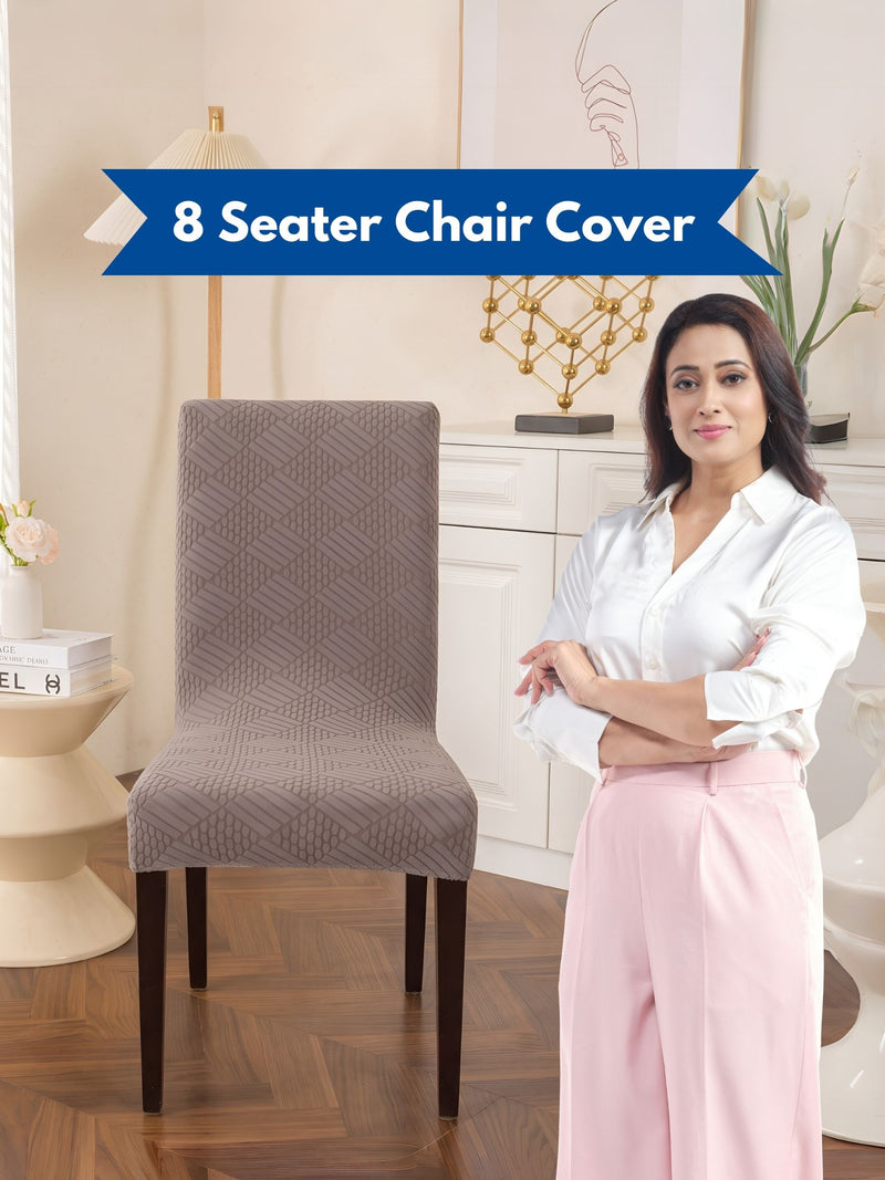 Elastic Stretch Dining Chair Covers with Geometric Jacquard Texture – Pack of 8 (Grey / Light Grey)