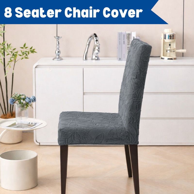 Premium 8 Seater Chair Cover Set - 220 GSM Knitted Jacquard, Floral Textured Elastic Slipcovers (Grey)