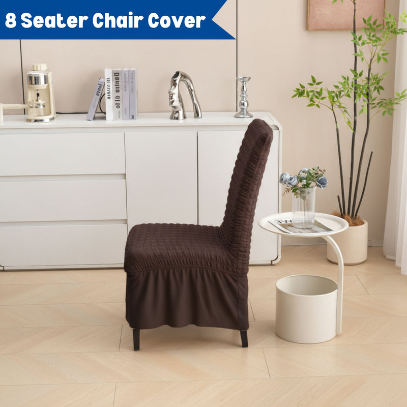 Premium 8 Seater Chair Cover Set with Frill - 280 GSM Bubble Textured Elastic Slipcovers (Brown)