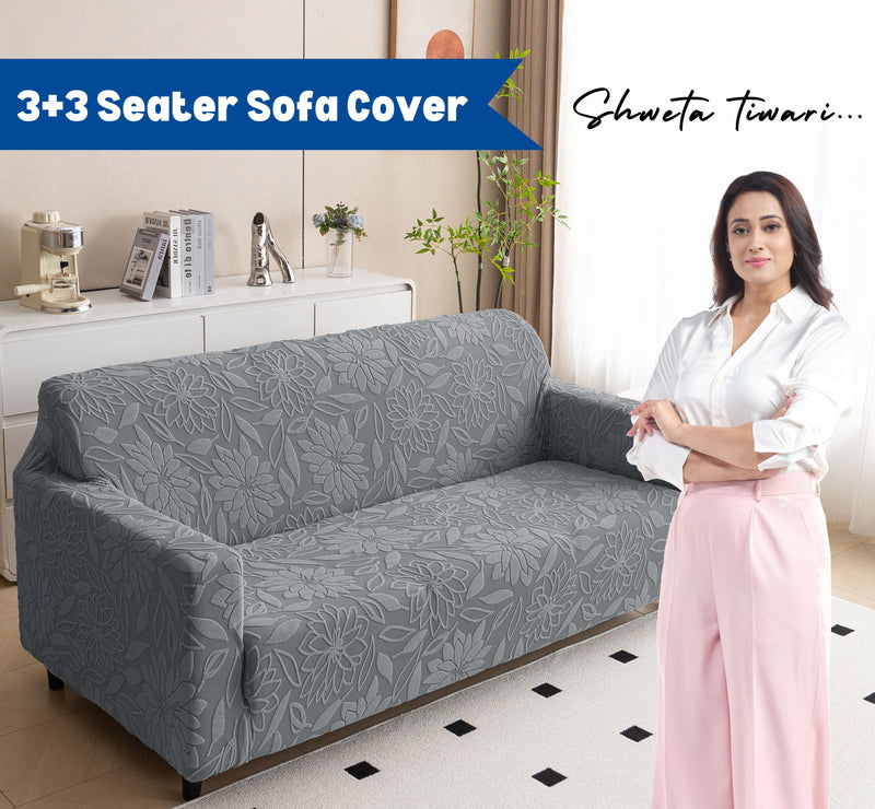 Premium 3+3 Seater Sofa Cover Set - Knitted Jacquard, Floral Textured Elastic Slipcovers (Grey)